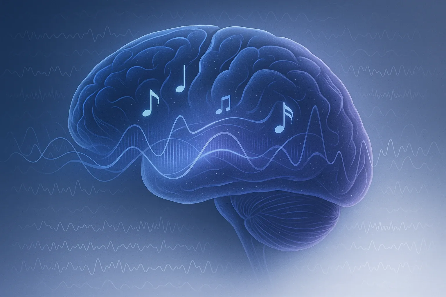 Digital illustration of a brain with ambient music patterns flowing through neural pathways, symbolizing enhanced focus and cognitive function.